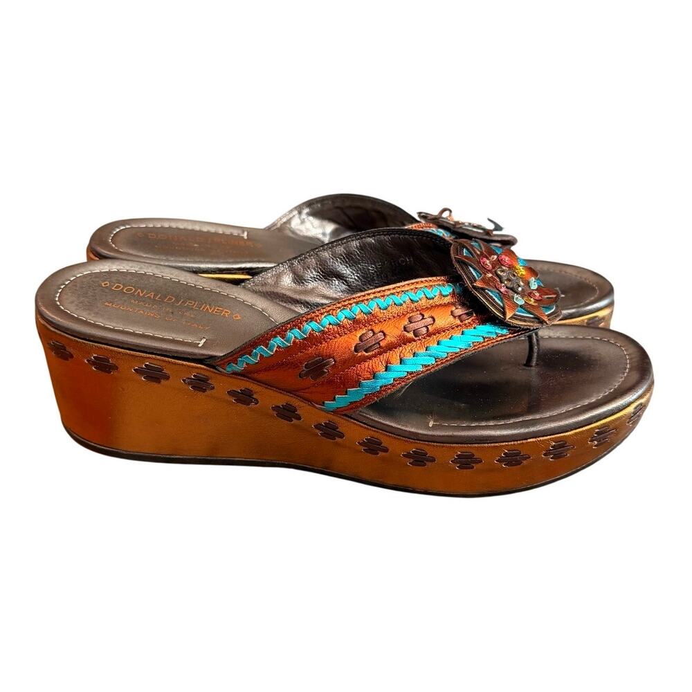 Donald J. Pliner Search Wedge Sandals Bronze & Turquoise Thong Native Leather